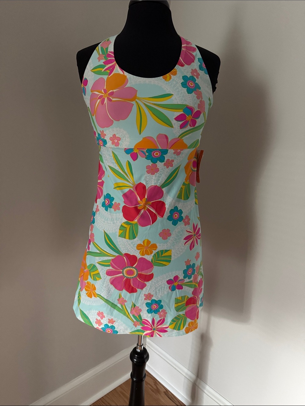 Spunkwear Original Dress Aqua Floral Mini with Pink & Orange Blooms NWT Size S